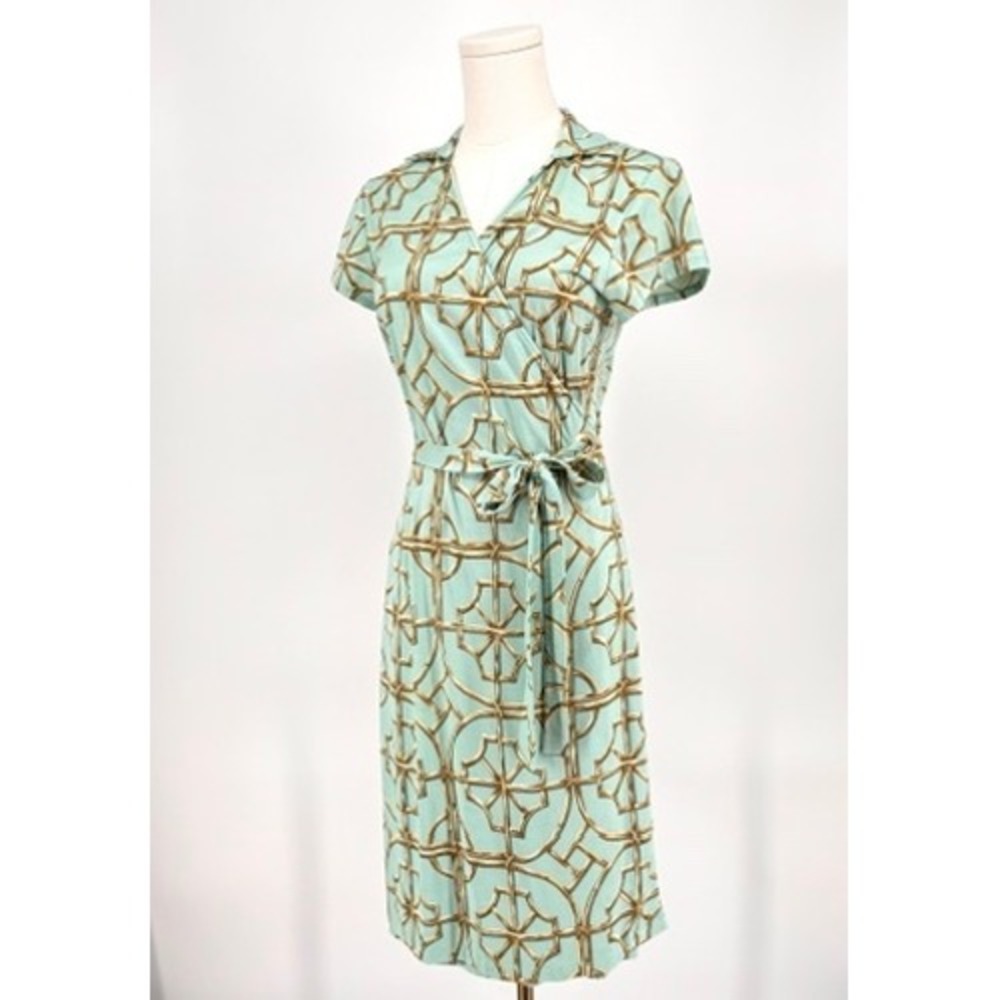 J McLaughlin Silk Blend Wrap Dress Belted Blue Green Gold Bamboo Print Stretch S